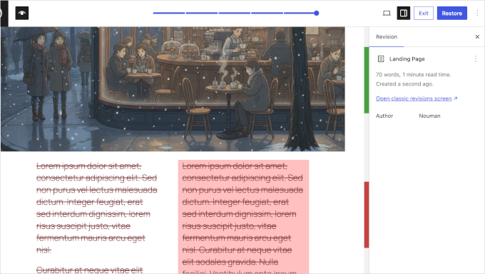 Comparaison visuelle des révisions - WordPress 7